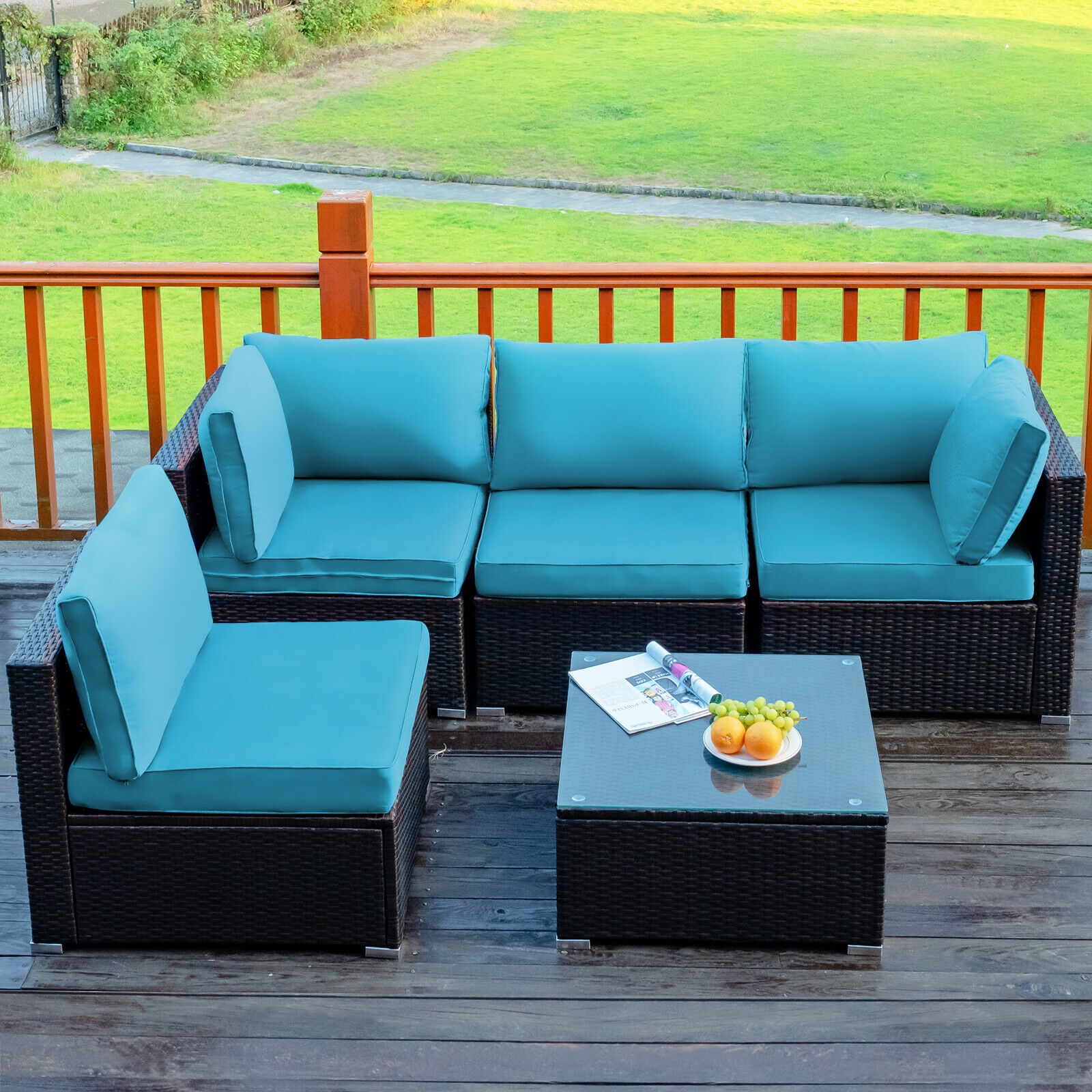 5 Pieces Cushioned Patio Rattan Furniture Set with Glass Table-Turquoise - Image 6
