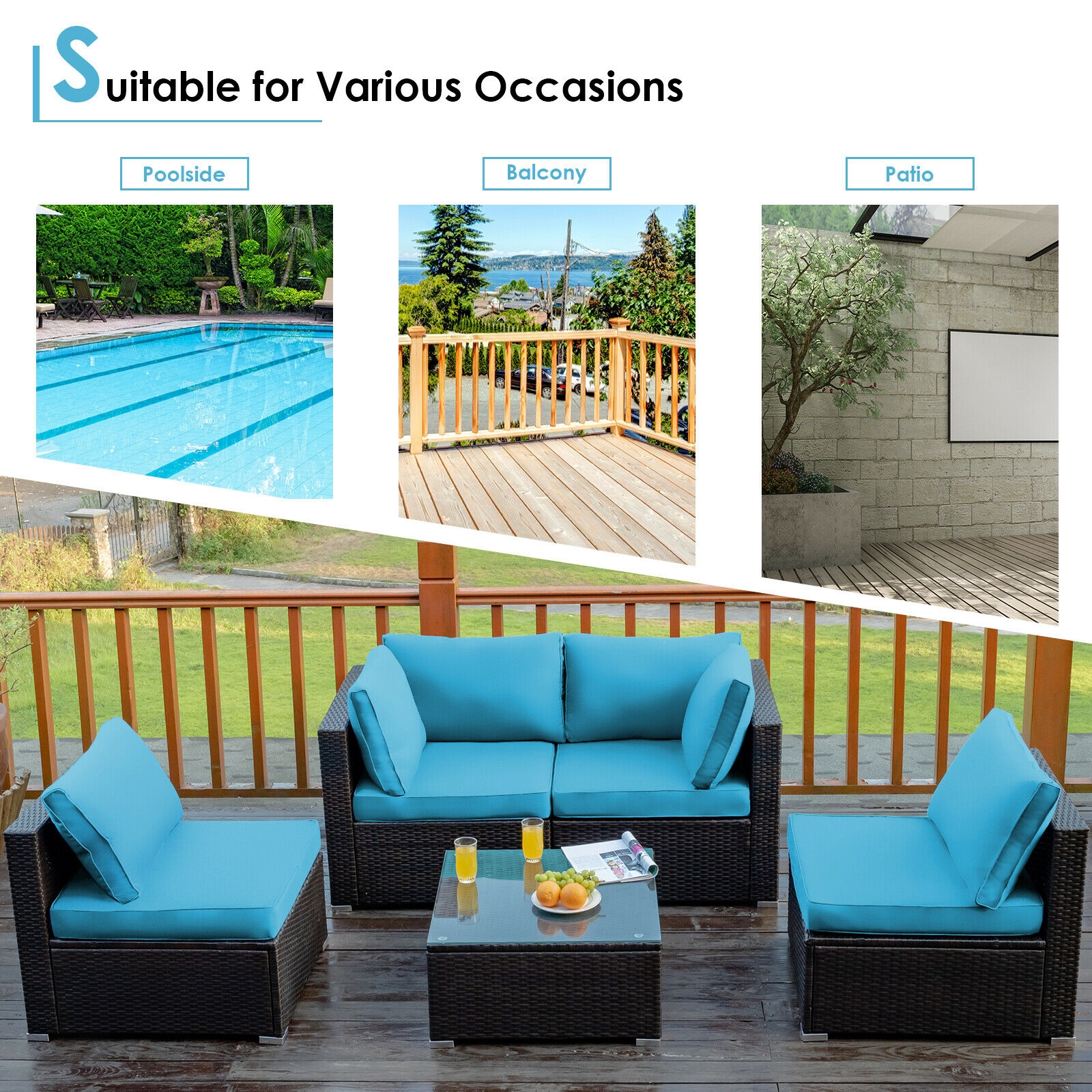 5 Pieces Cushioned Patio Rattan Furniture Set with Glass Table-Turquoise - Image 4