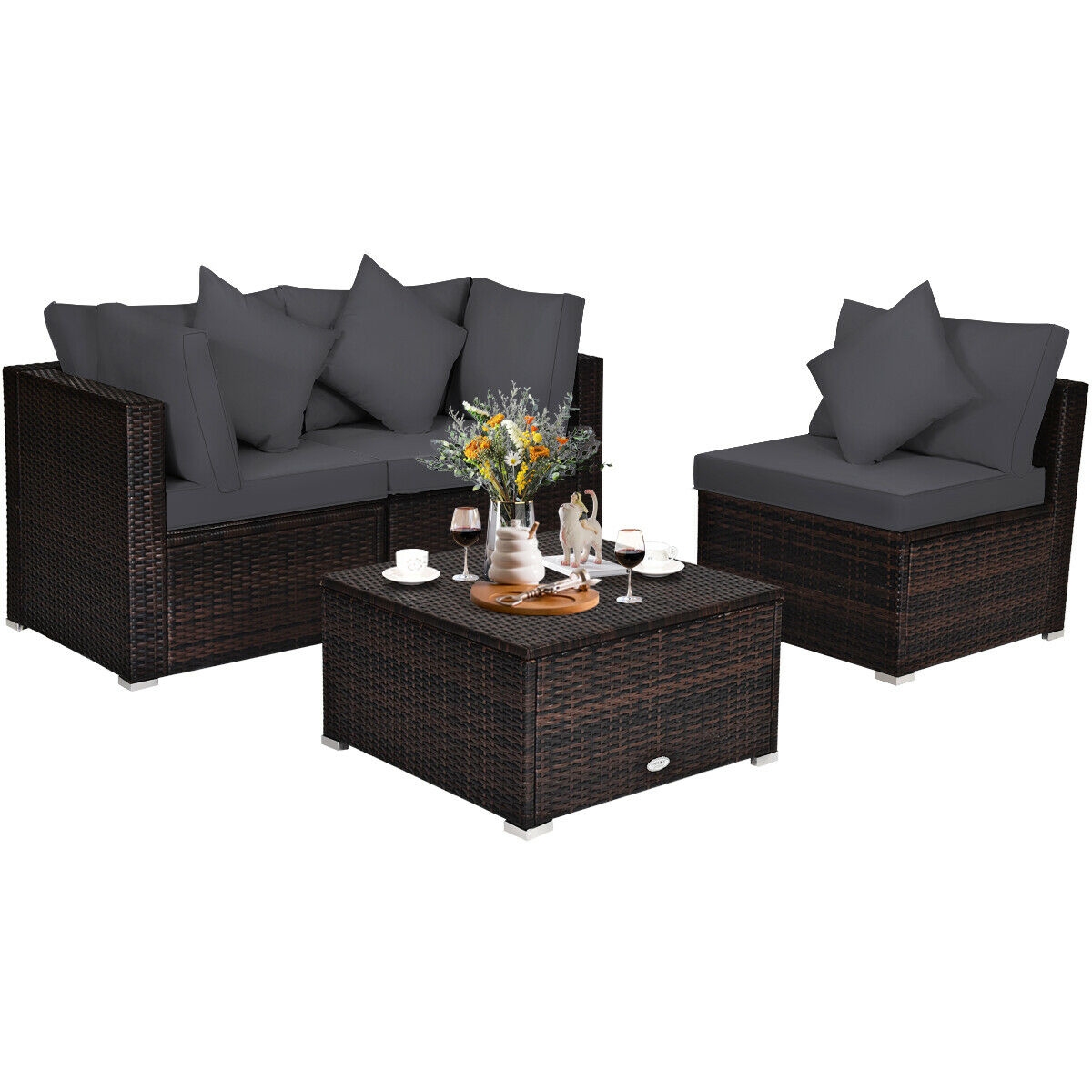 4 Pieces Ottoman Garden Patio Rattan Wicker Furniture Set with Cushion-Gray - Image 7