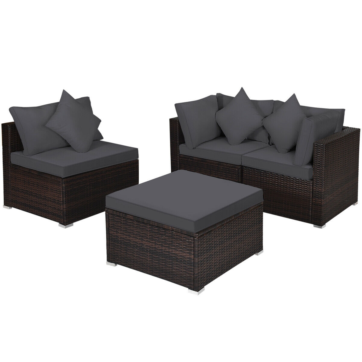 4 Pieces Ottoman Garden Patio Rattan Wicker Furniture Set with Cushion-Gray - Image 2