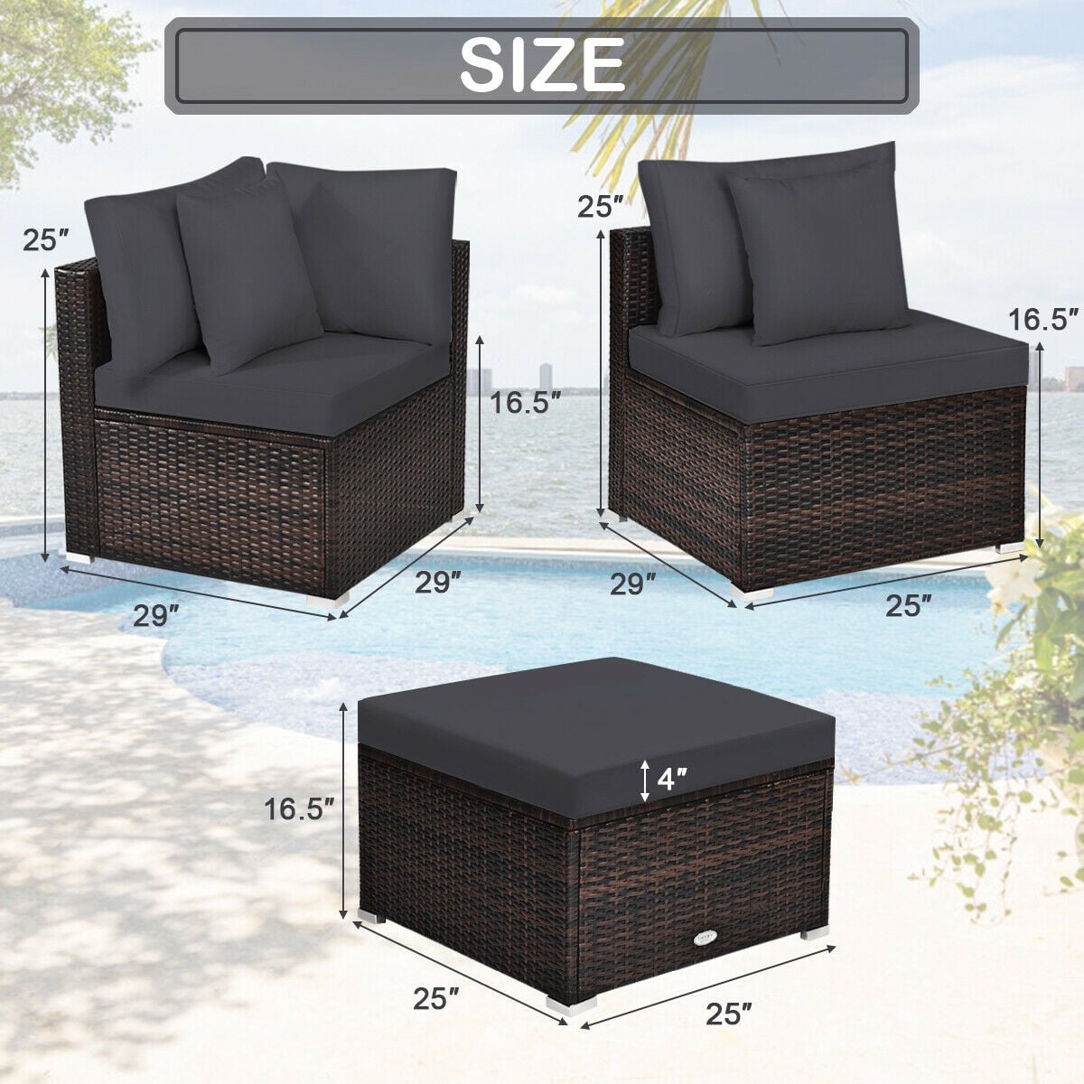 4 Pieces Ottoman Garden Patio Rattan Wicker Furniture Set with Cushion-Gray - Image 3