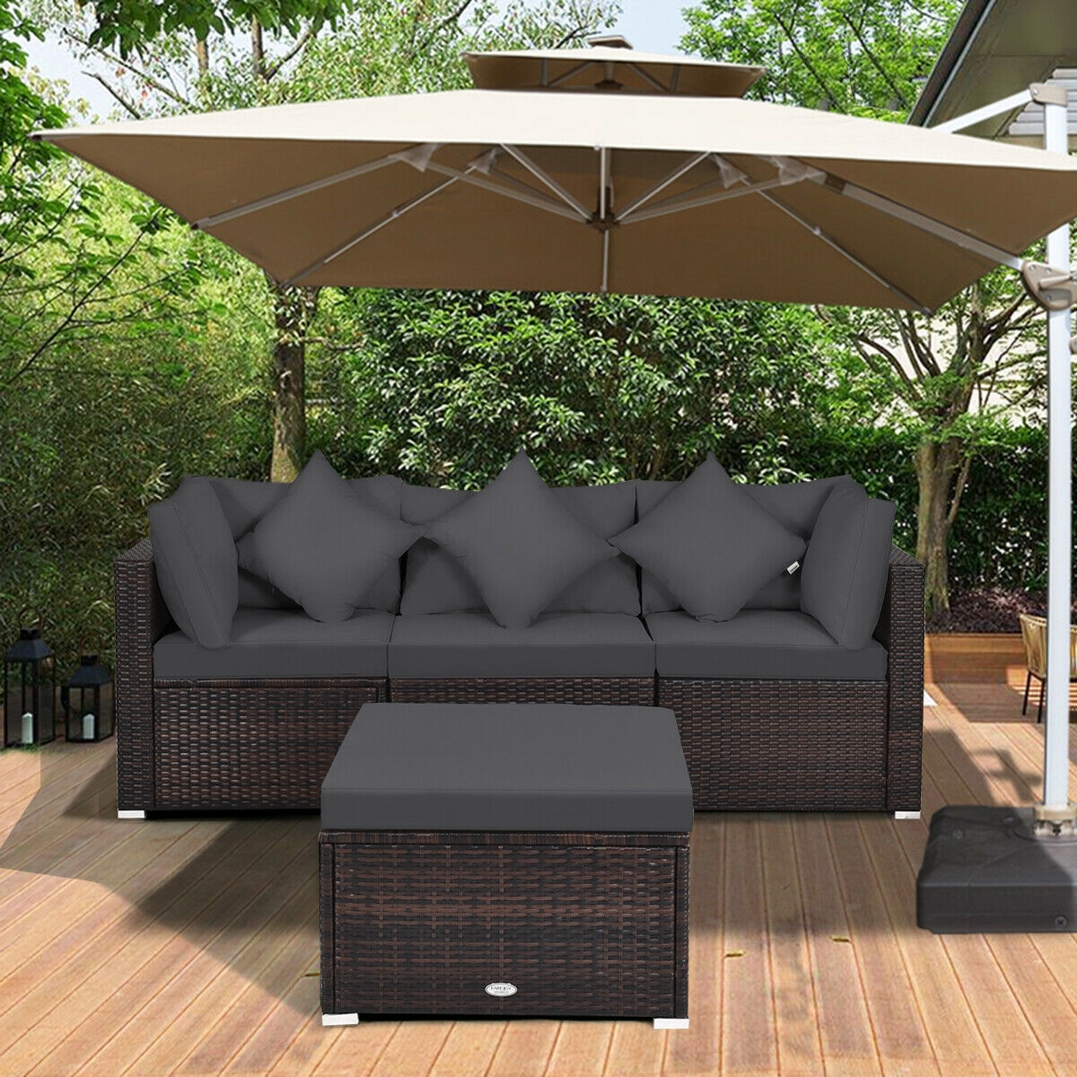 4 Pieces Ottoman Garden Patio Rattan Wicker Furniture Set with Cushion-Gray - Image 5