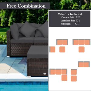 4 Pieces Ottoman Garden Patio Rattan Wicker Furniture Set with Cushion-Gray