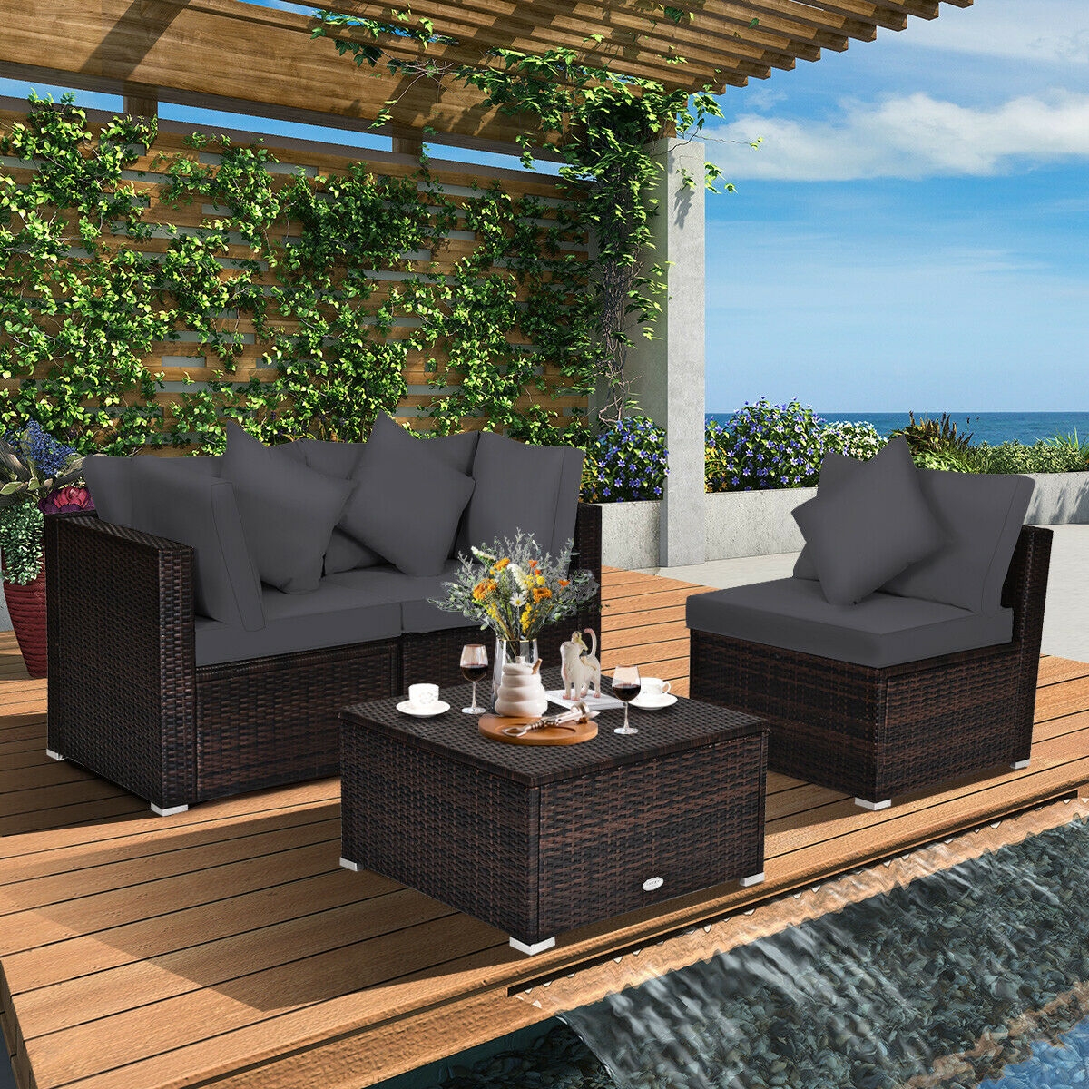 4 Pieces Ottoman Garden Patio Rattan Wicker Furniture Set with Cushion-Gray - Image 6
