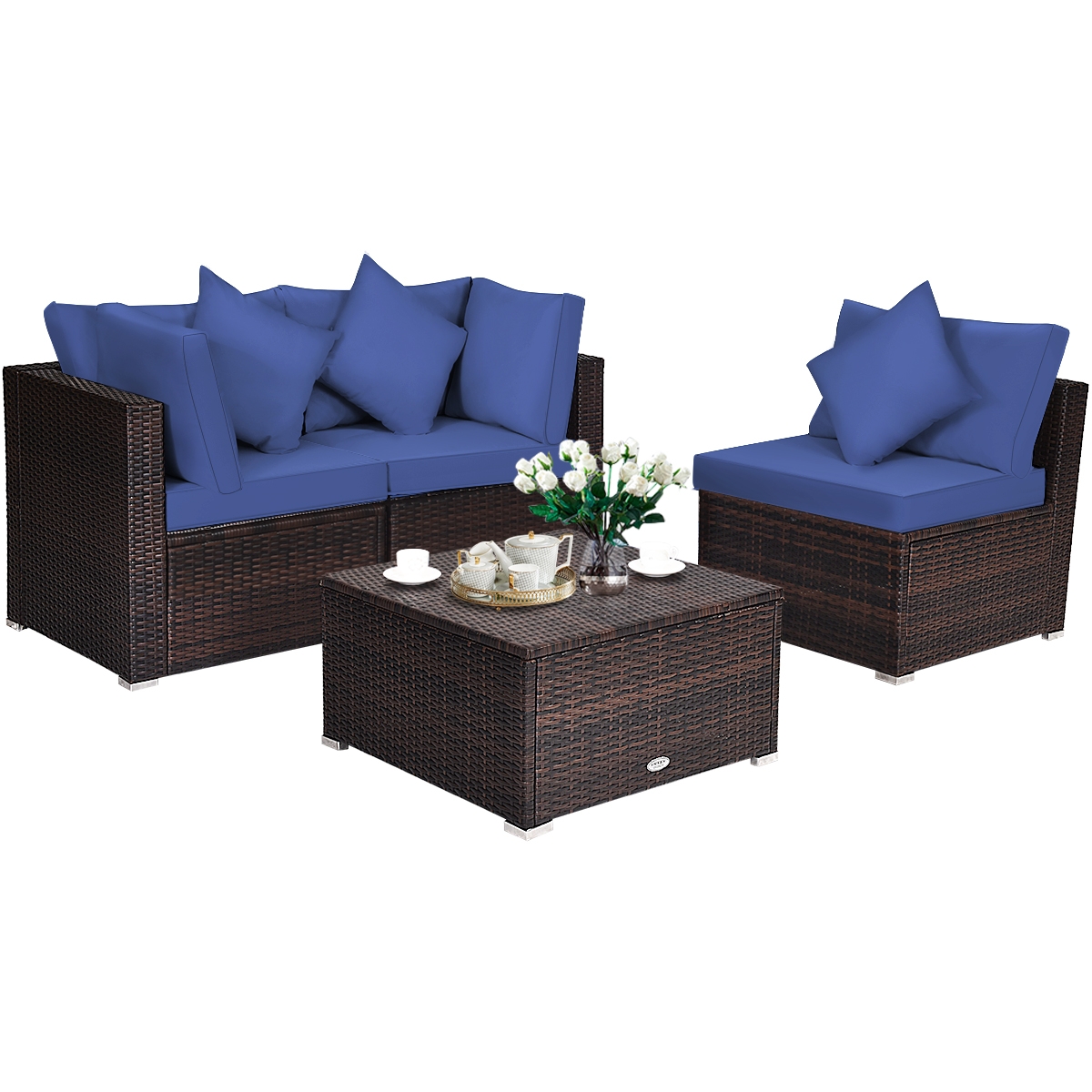 4 Pieces Ottoman Garden Patio Rattan Wicker Furniture Set with Cushion-Navy - Image 7