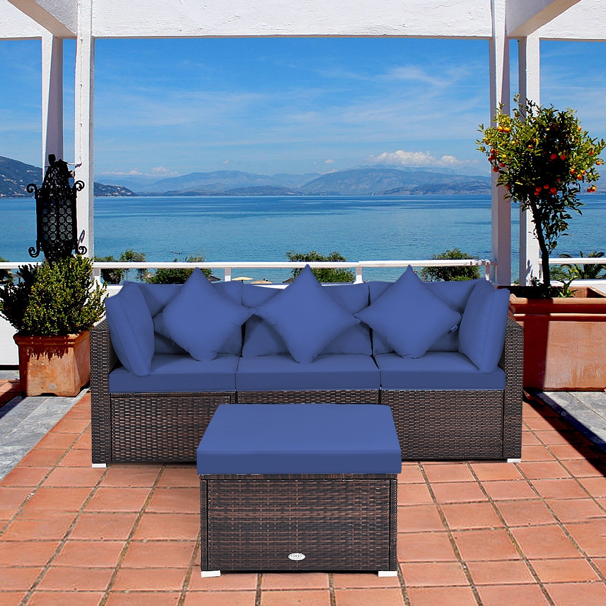 4 Pieces Ottoman Garden Patio Rattan Wicker Furniture Set with Cushion-Navy - Image 5