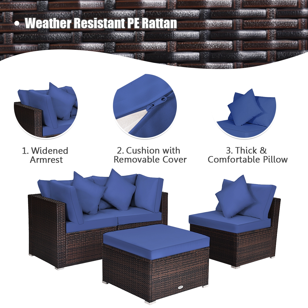 4 Pieces Ottoman Garden Patio Rattan Wicker Furniture Set with Cushion-Navy - Image 4