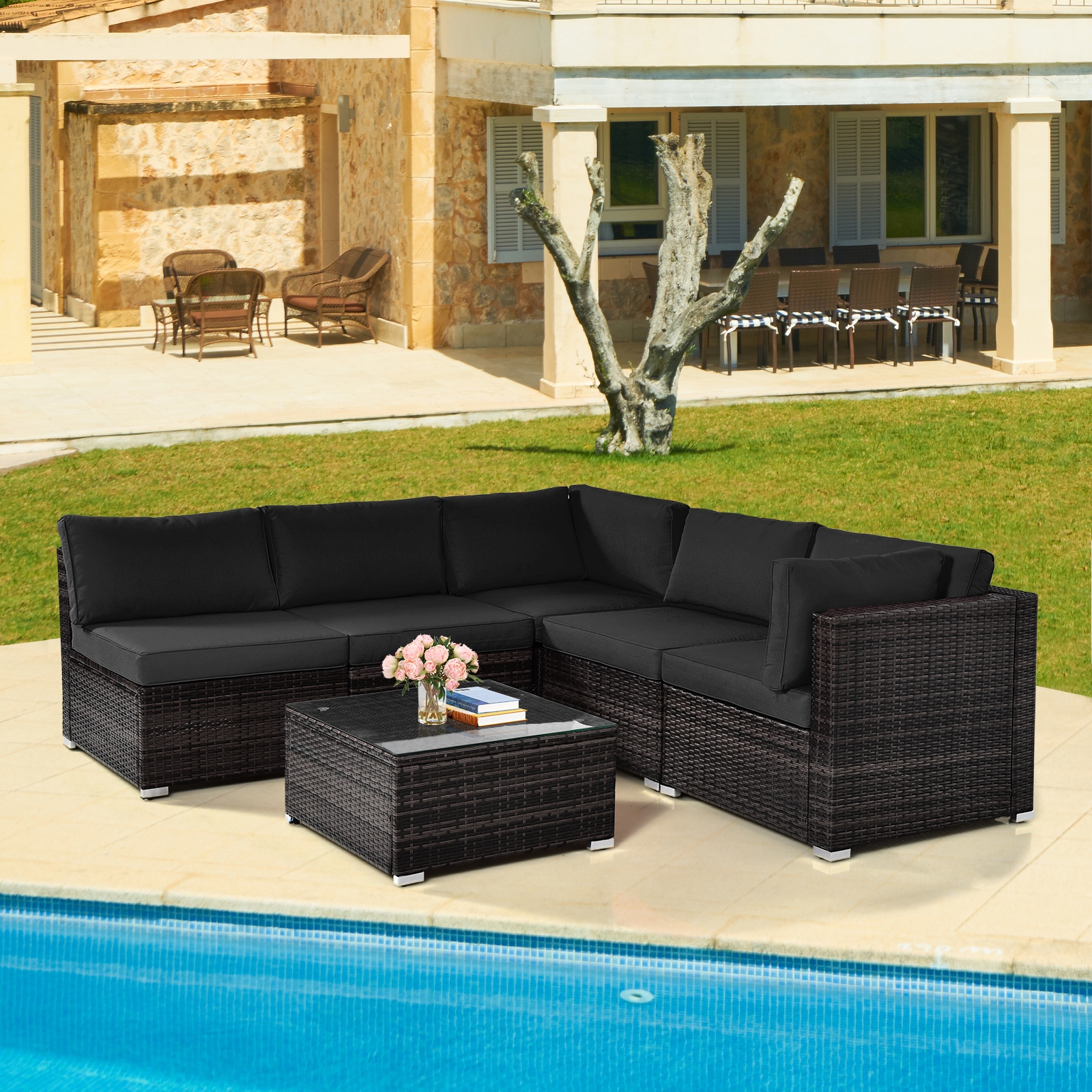 6 Pieces Patio Rattan Furniture Set with Cushions and Glass Coffee Table-Black - Image 5