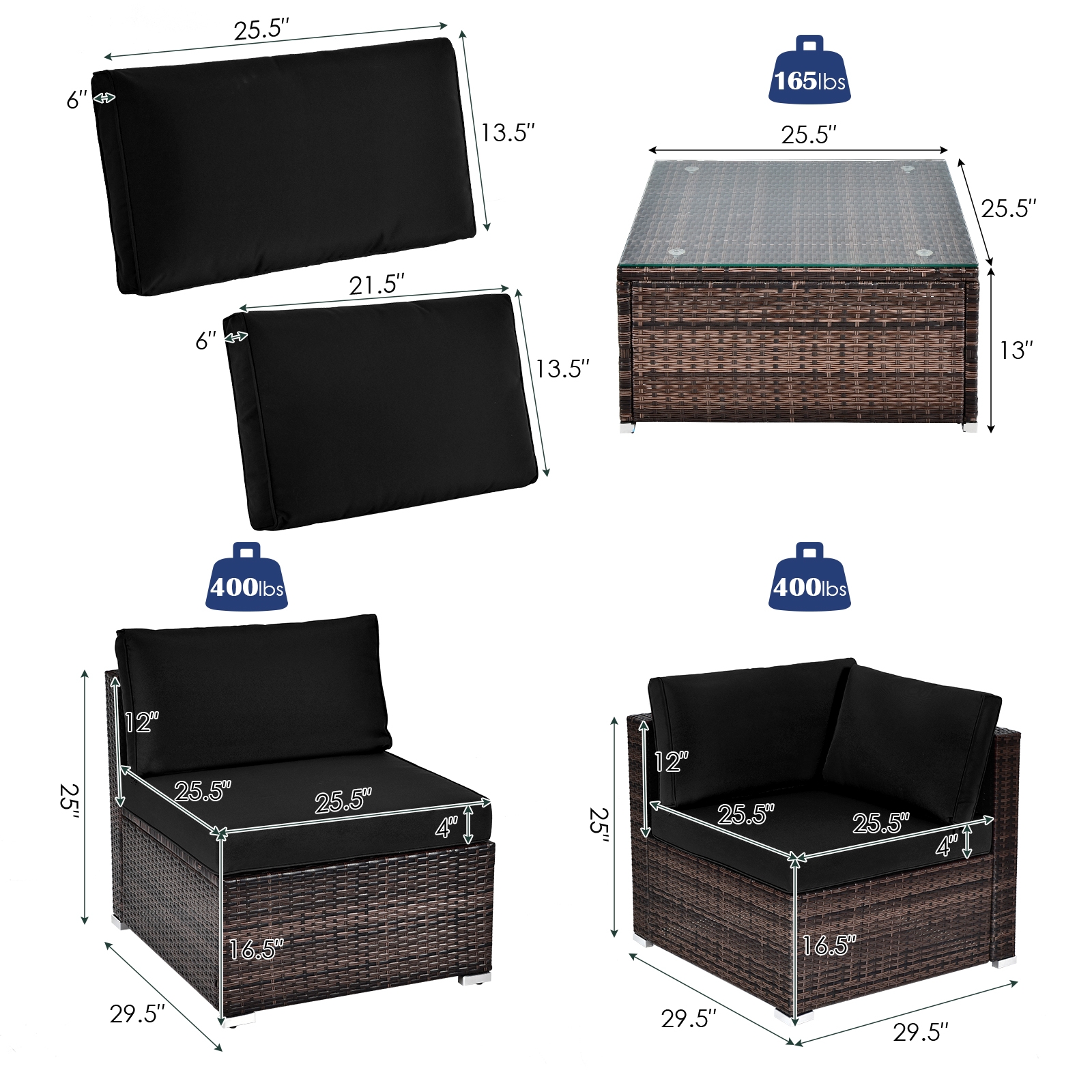 6 Pieces Patio Rattan Furniture Set with Cushions and Glass Coffee Table-Black - Image 3