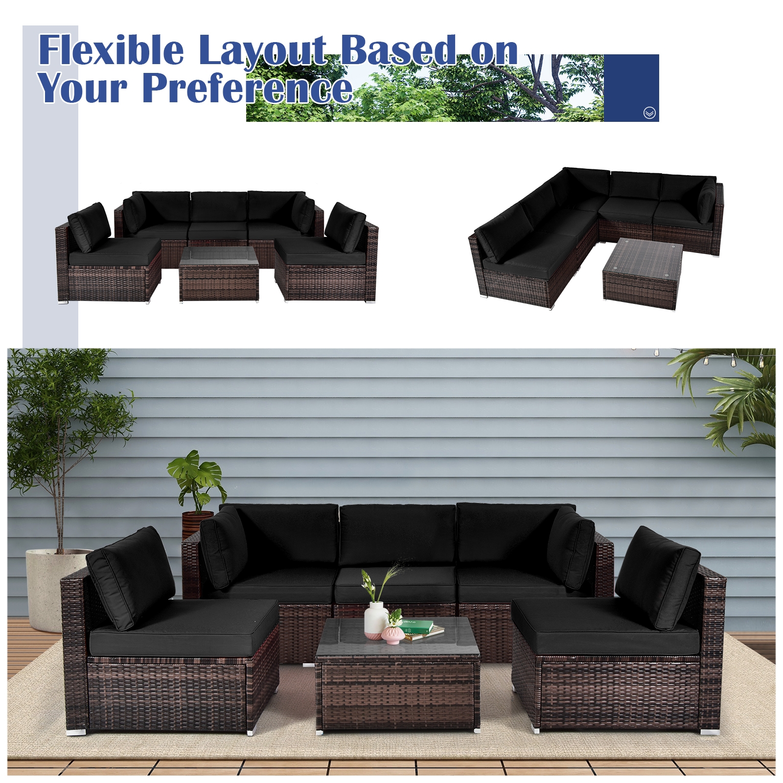 6 Pieces Patio Rattan Furniture Set with Cushions and Glass Coffee Table-Black - Image 4