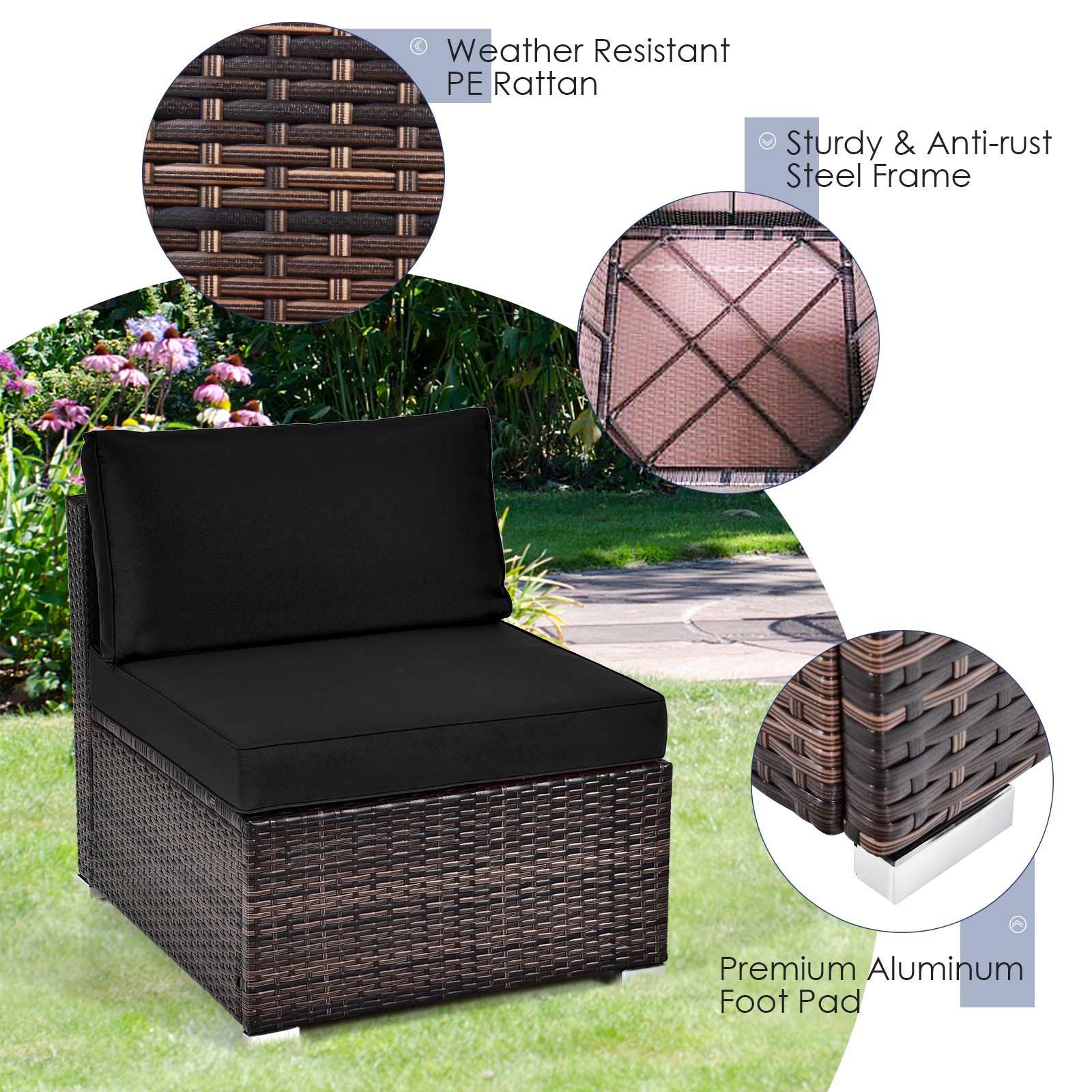 6 Pieces Patio Rattan Furniture Set with Cushions and Glass Coffee Table-Black - Image 7
