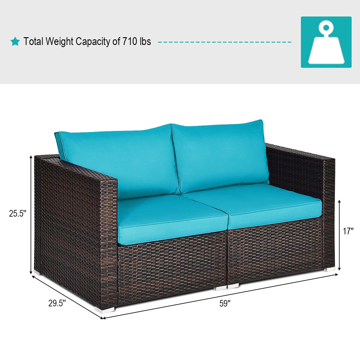 2PCS Patio Rattan Sectional Conversation Sofa Set-Blue - Image 4