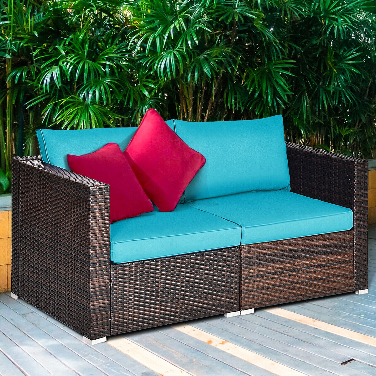 2PCS Patio Rattan Sectional Conversation Sofa Set-Blue - Image 7