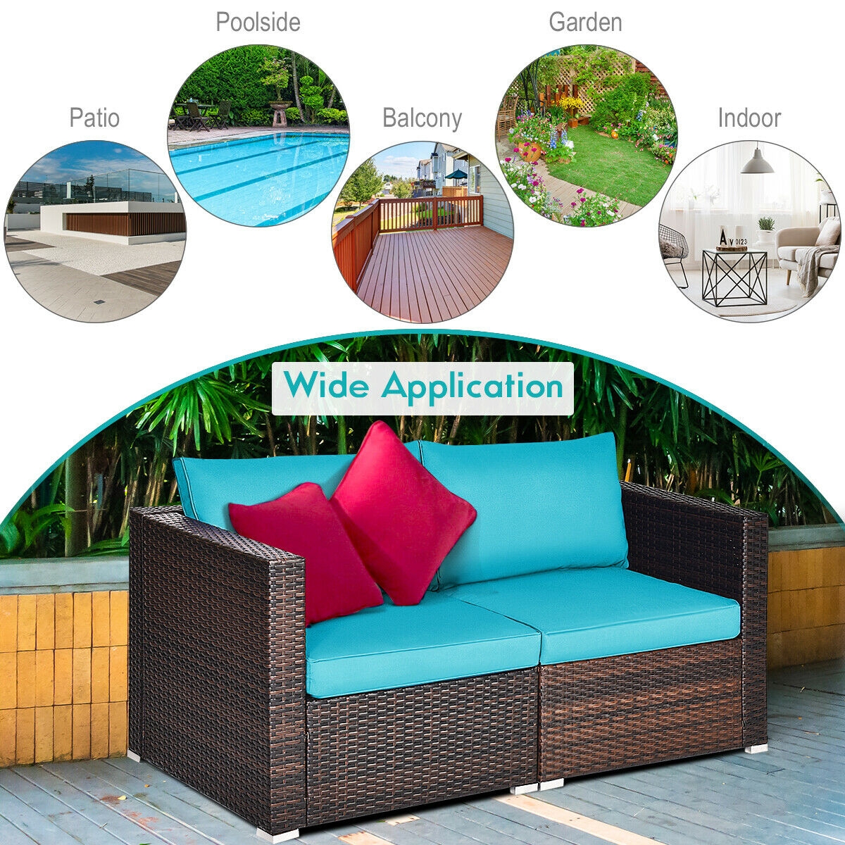 2PCS Patio Rattan Sectional Conversation Sofa Set-Blue - Image 5