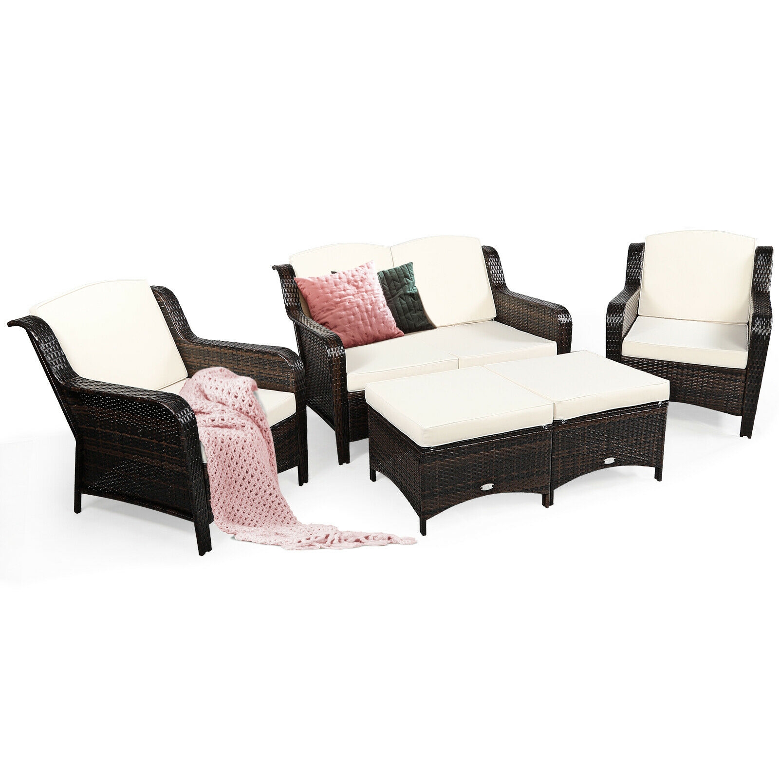 5 Pieces Patio Rattan Sofa Set with Cushion and Ottoman-Off White - Image 7