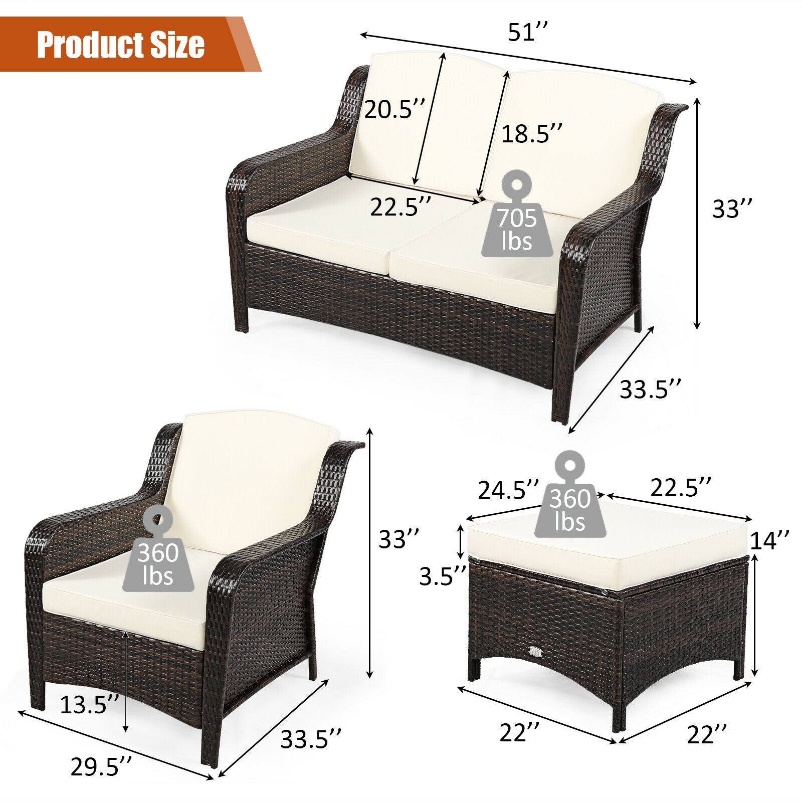 5 Pieces Patio Rattan Sofa Set with Cushion and Ottoman-Off White - Image 3
