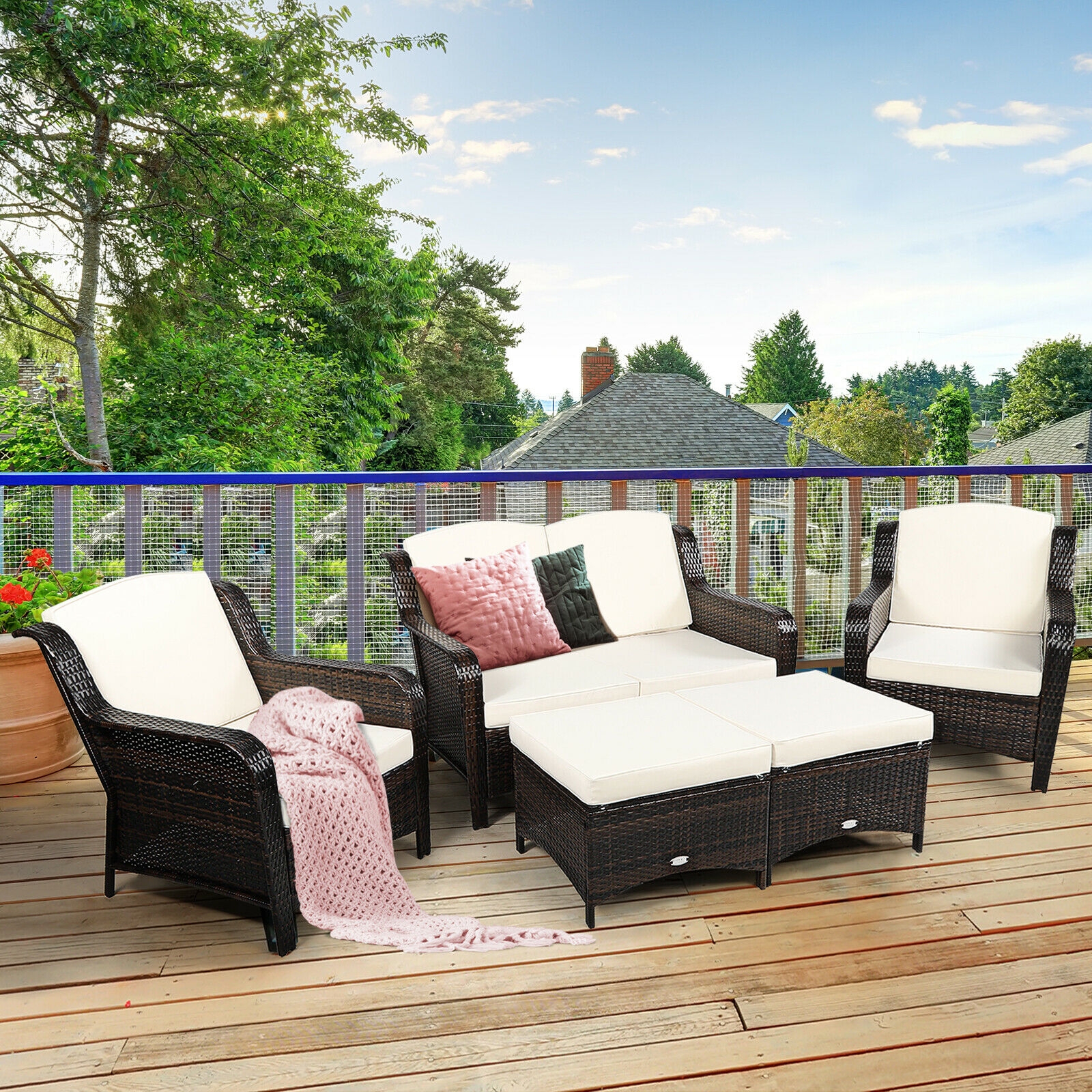 5 Pieces Patio Rattan Sofa Set with Cushion and Ottoman-Off White - Image 5