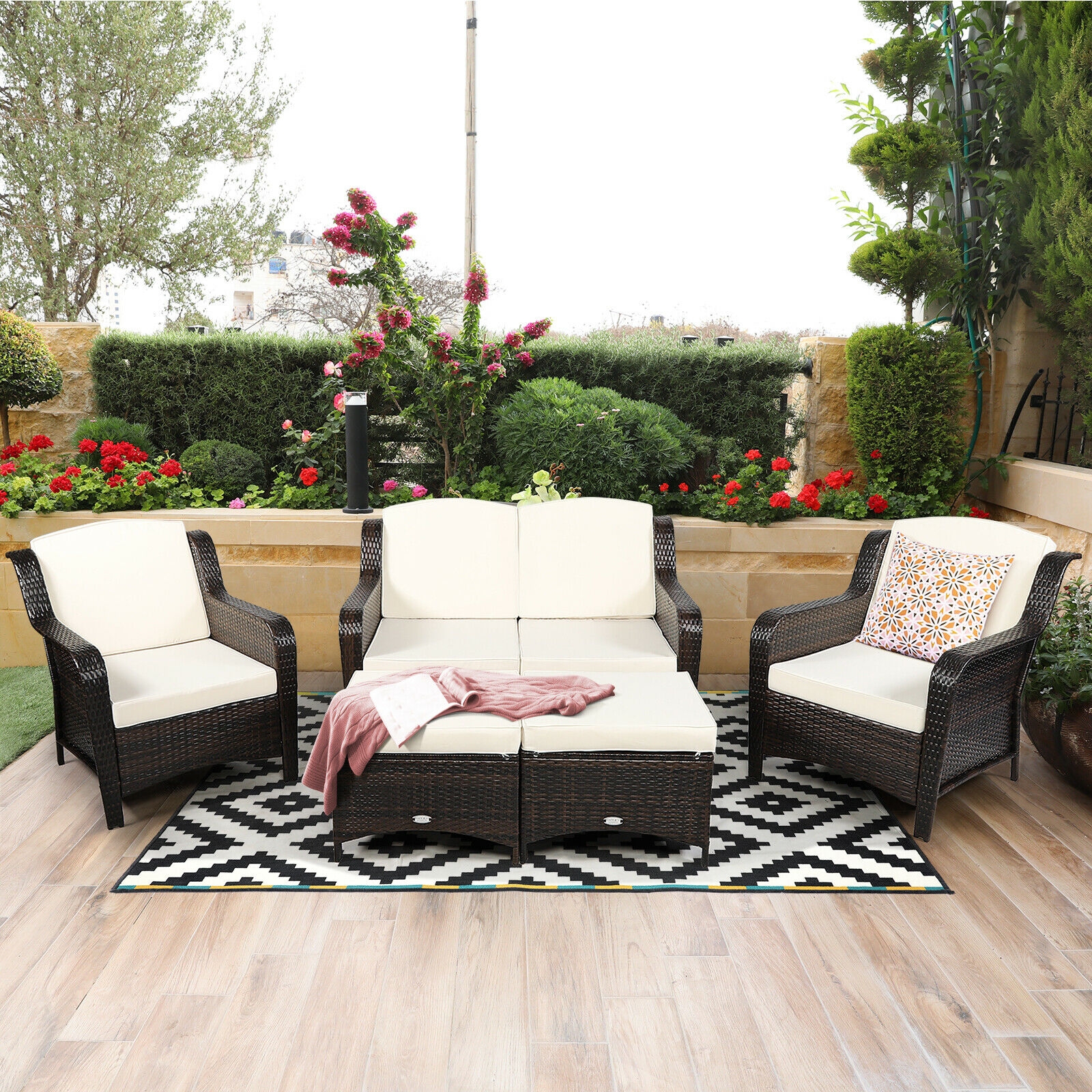 5 Pieces Patio Rattan Sofa Set with Cushion and Ottoman-Off White - Image 6