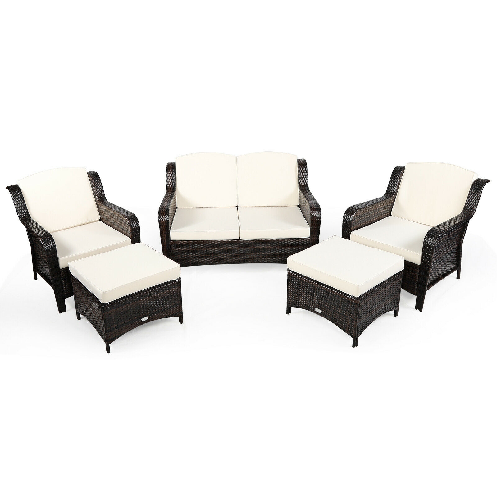 5 Pieces Patio Rattan Sofa Set with Cushion and Ottoman-Off White - Image 2