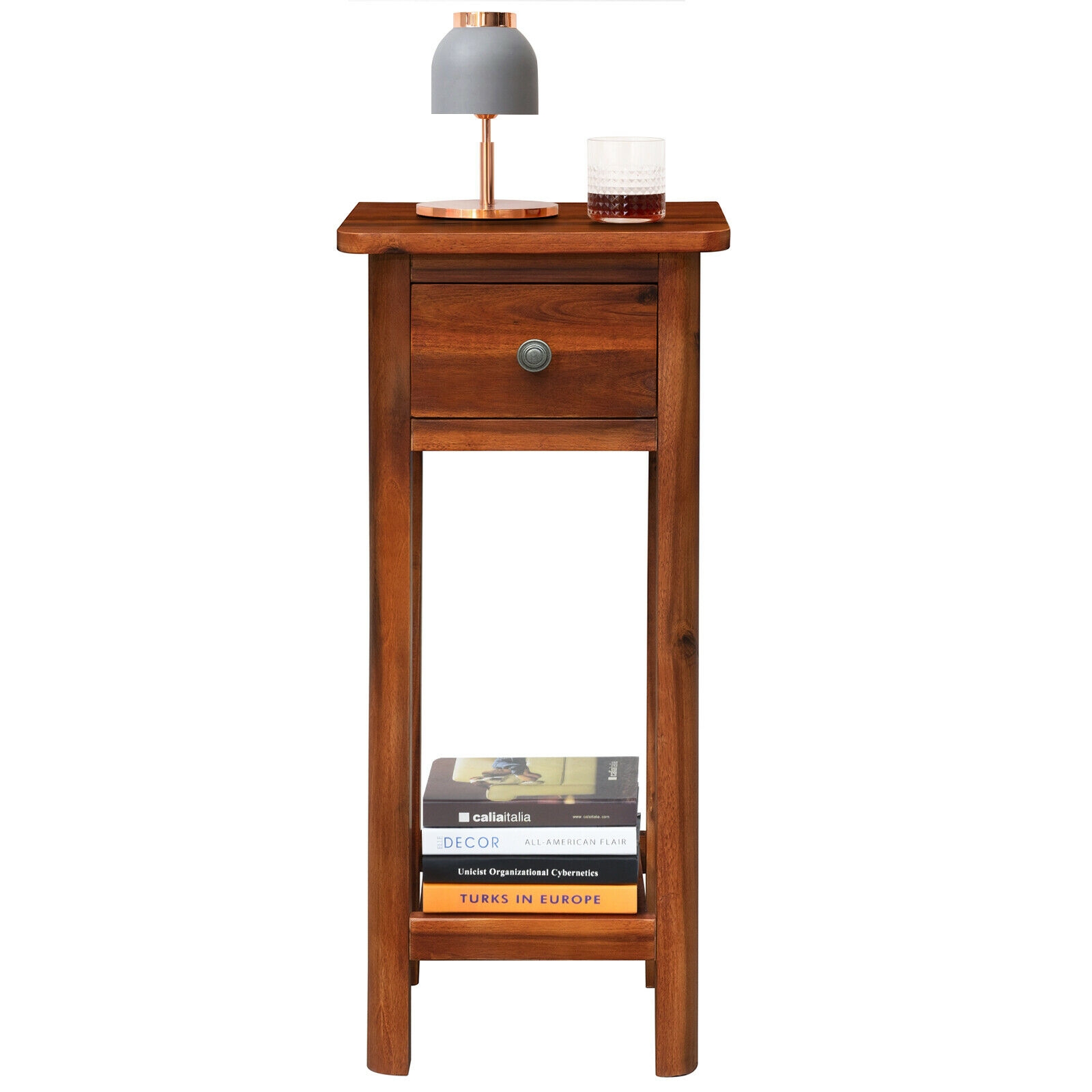 2 Tier End Bedside Table with Drawer Shelf-Brown - Image 5