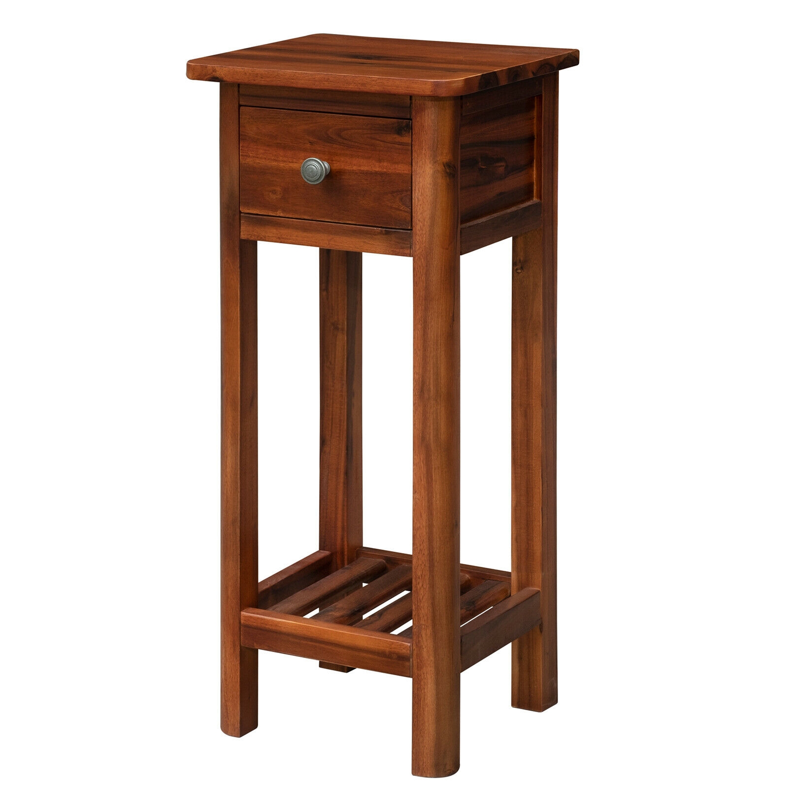 2 Tier End Bedside Table with Drawer Shelf-Brown - Image 4