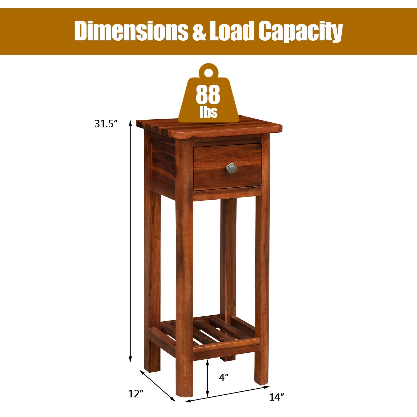 2 Tier End Bedside Table with Drawer Shelf-Brown - Image 3