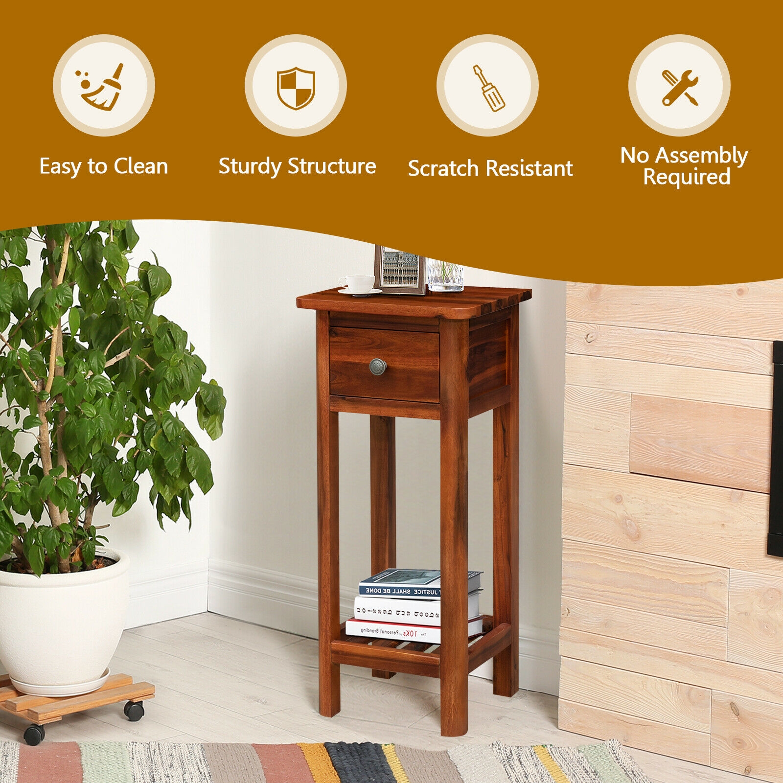 2 Tier End Bedside Table with Drawer Shelf-Brown - Image 6