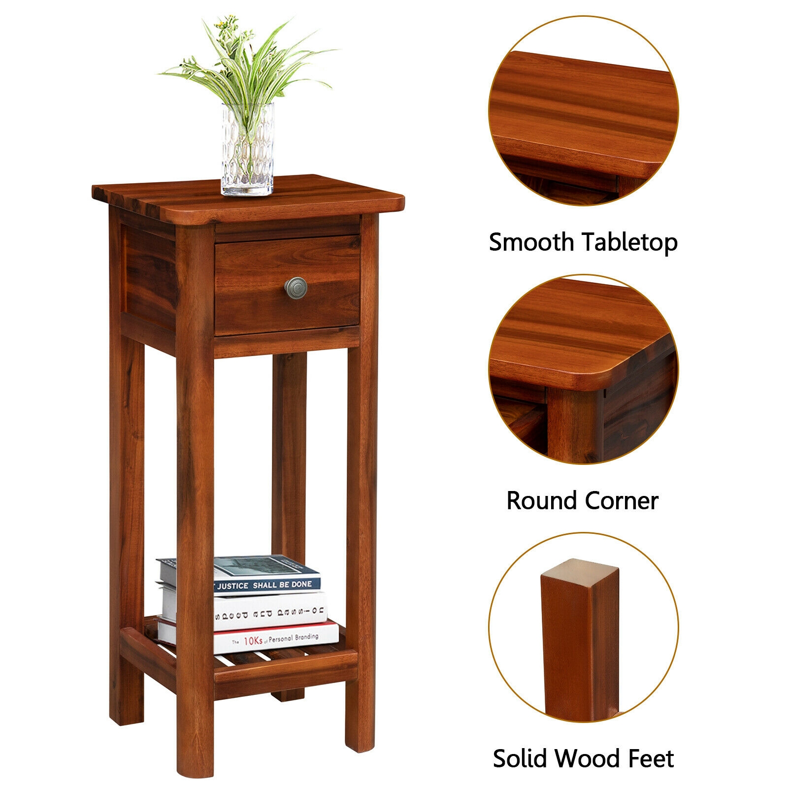 2 Tier End Bedside Table with Drawer Shelf-Brown - Image 7
