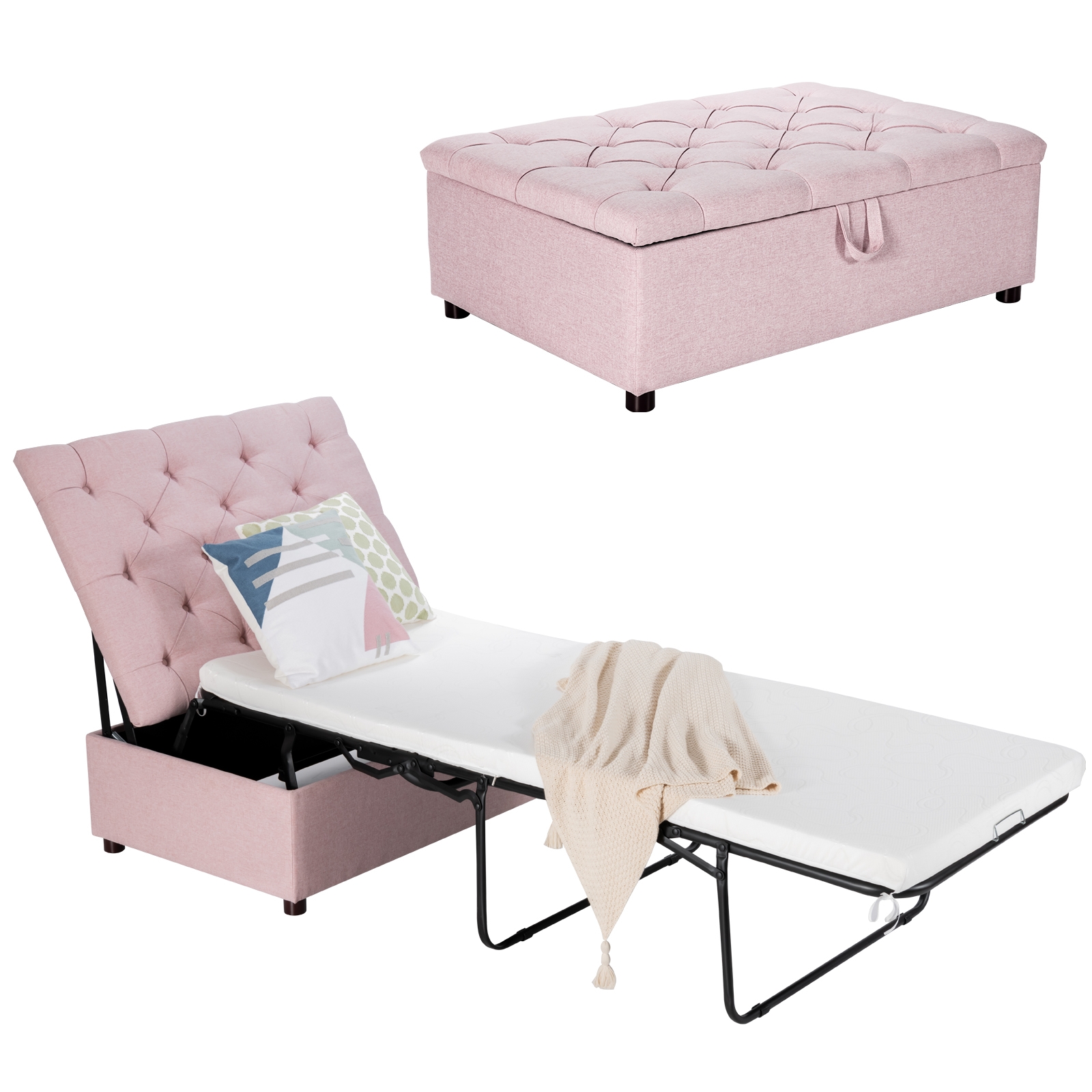 Folding Ottoman Sleeper Bed with Mattress for Guest Bed and Office Nap-Pink - Image 2