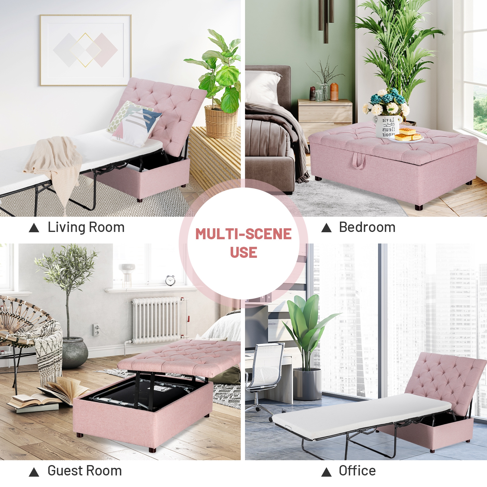 Folding Ottoman Sleeper Bed with Mattress for Guest Bed and Office Nap-Pink - Image 7