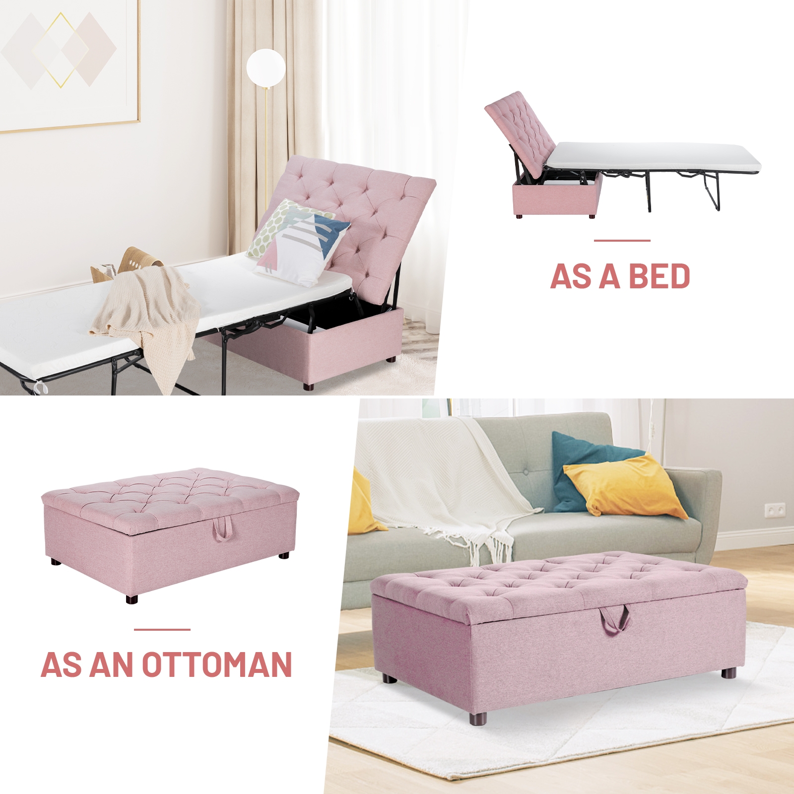 Folding Ottoman Sleeper Bed with Mattress for Guest Bed and Office Nap-Pink - Image 4