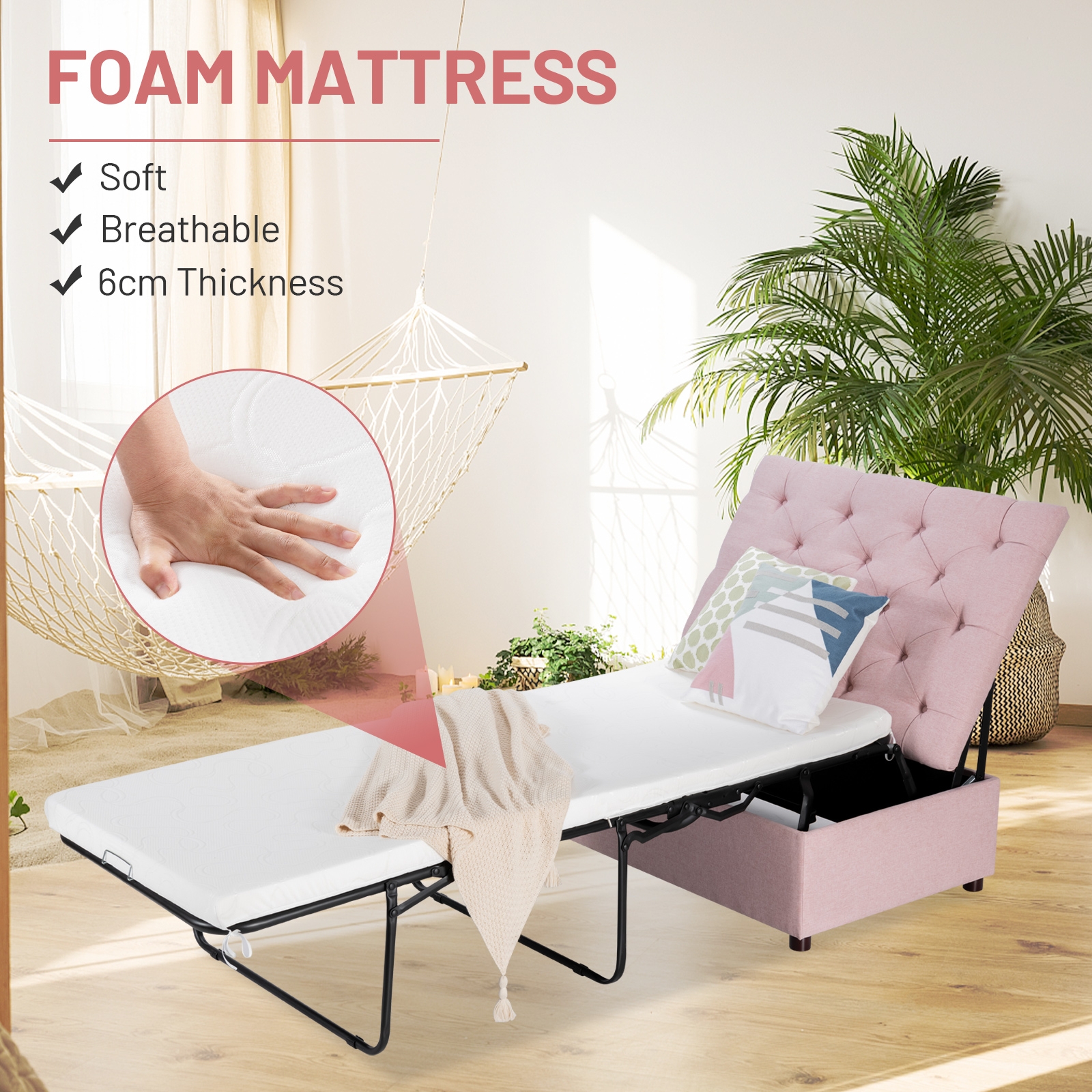 Folding Ottoman Sleeper Bed with Mattress for Guest Bed and Office Nap-Pink - Image 6