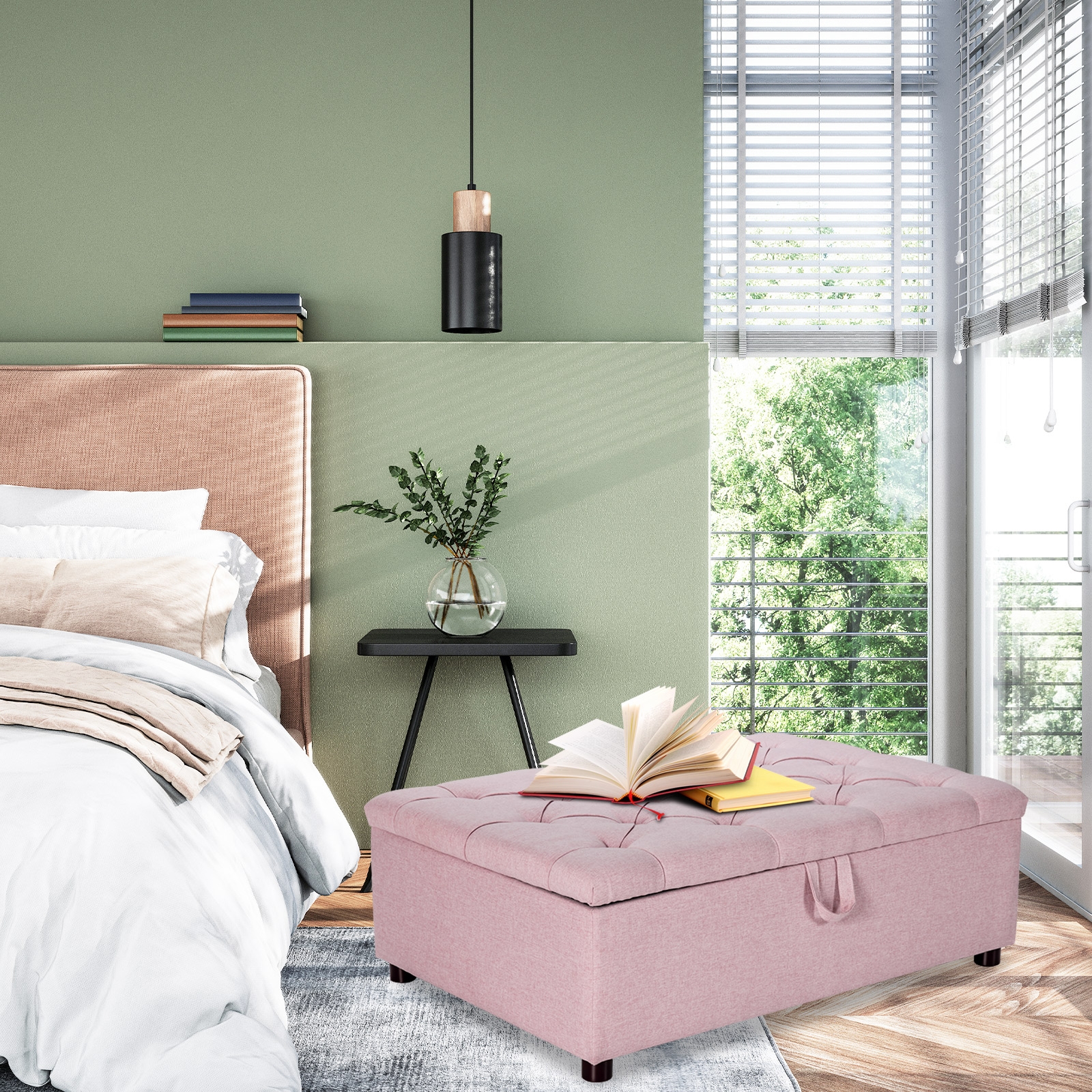 Folding Ottoman Sleeper Bed with Mattress for Guest Bed and Office Nap-Pink - Image 5