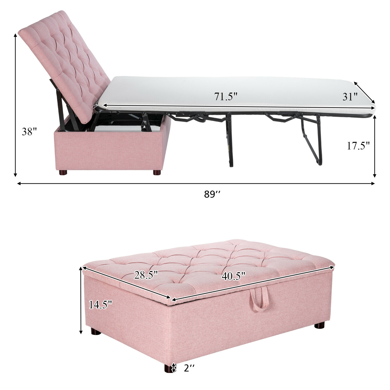 Folding Ottoman Sleeper Bed with Mattress for Guest Bed and Office Nap-Pink - Image 3