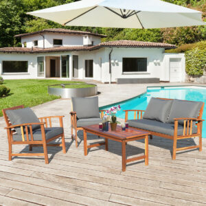 4 Pieces Wooden Patio Furniture Set with Table and Sofa Chair