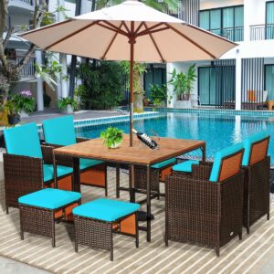 9PCS Patio Rattan Dining Cushioned Chairs Set-Turquoise