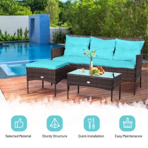 3 Pieces Patio Furniture Sectional Set with 5 Cozy Seat and Back Cushions-Turquoise