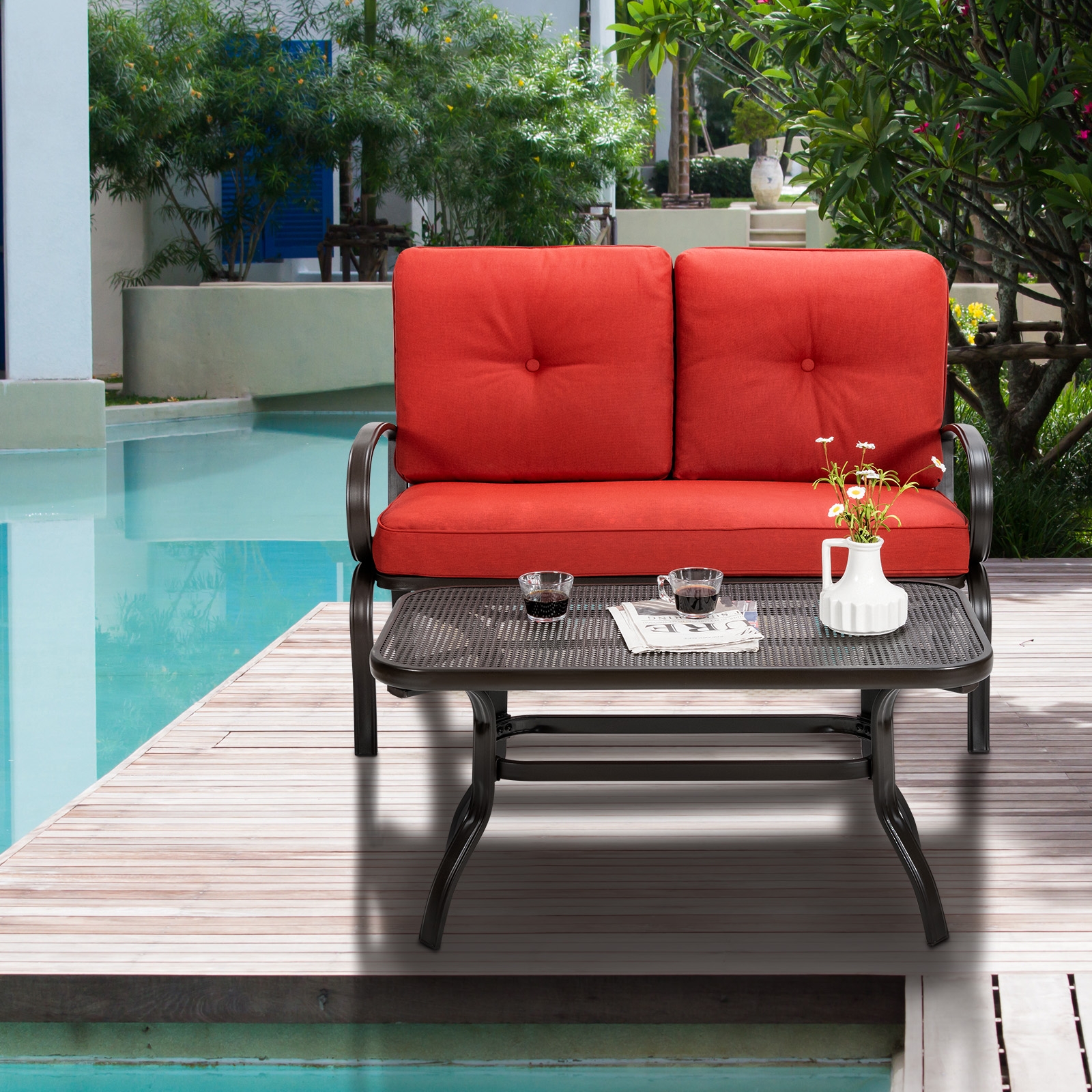 2 Pieces Patio Outdoor Cushioned Coffee Table Seat-Red - Image 6