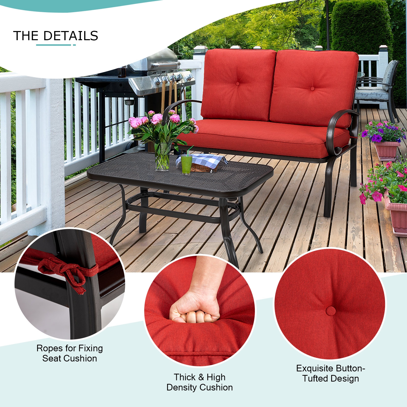 2 Pieces Patio Outdoor Cushioned Coffee Table Seat-Red - Image 4