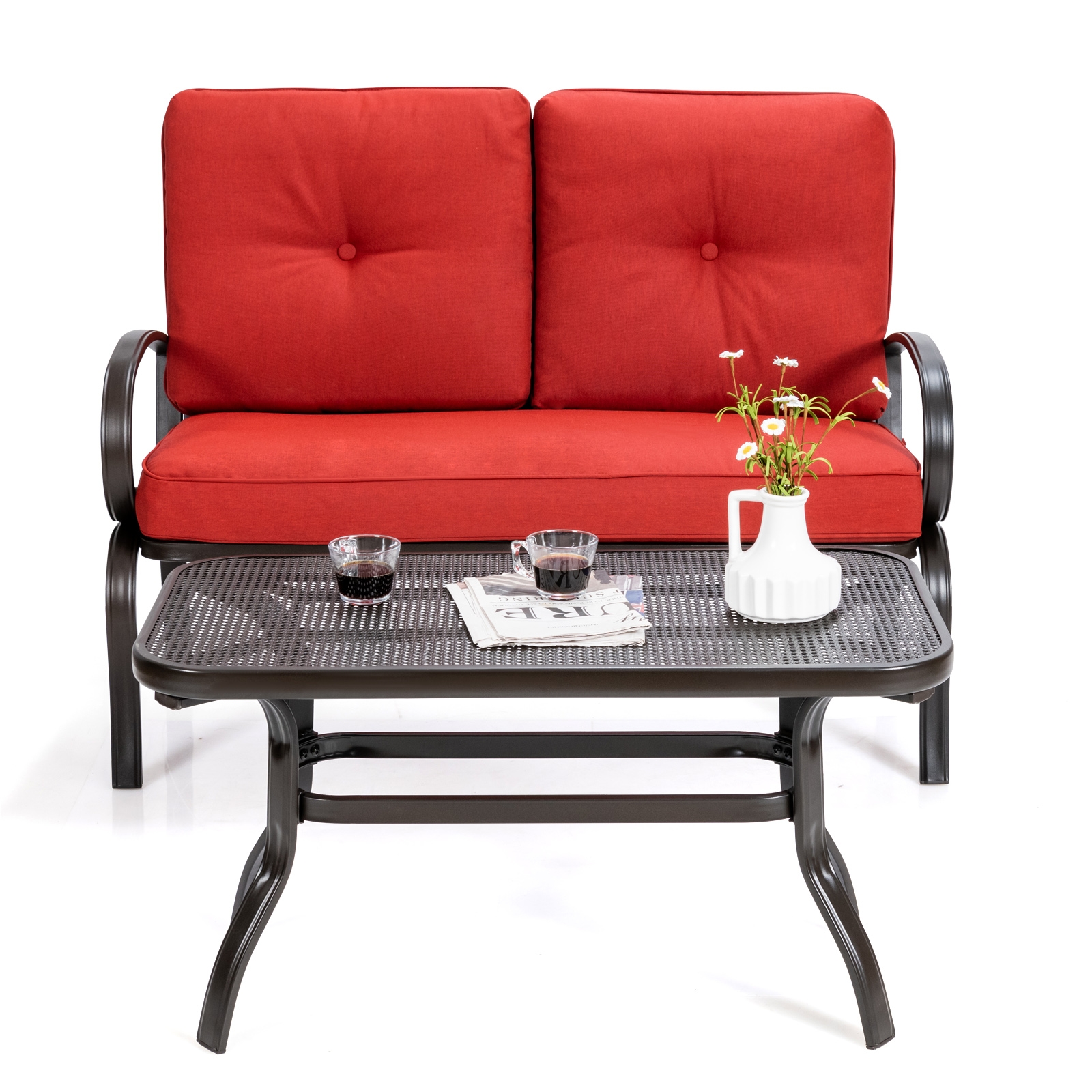 2 Pieces Patio Outdoor Cushioned Coffee Table Seat-Red - Image 7