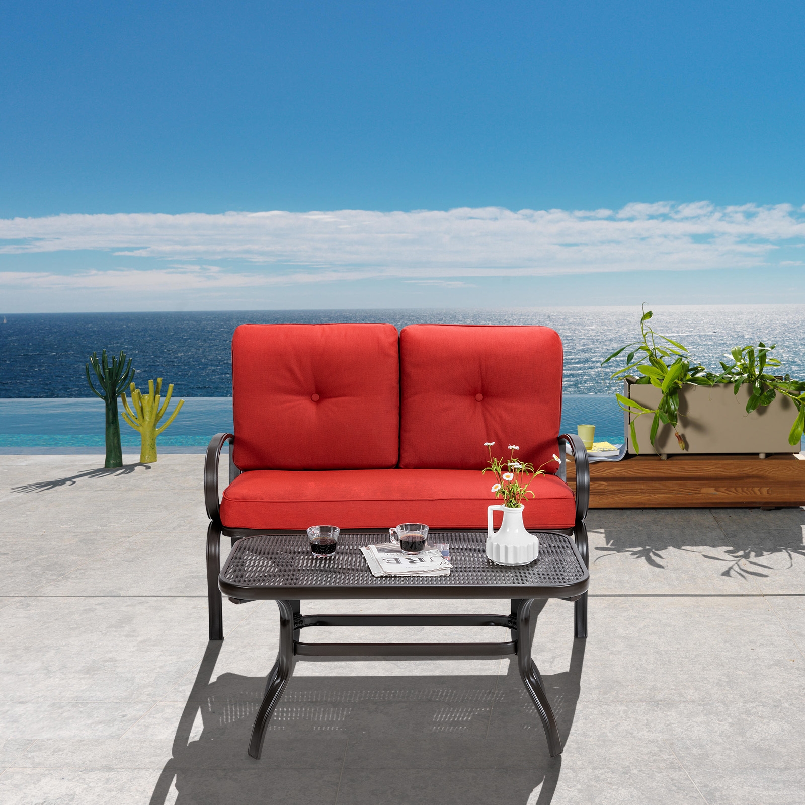 2 Pieces Patio Outdoor Cushioned Coffee Table Seat-Red - Image 5