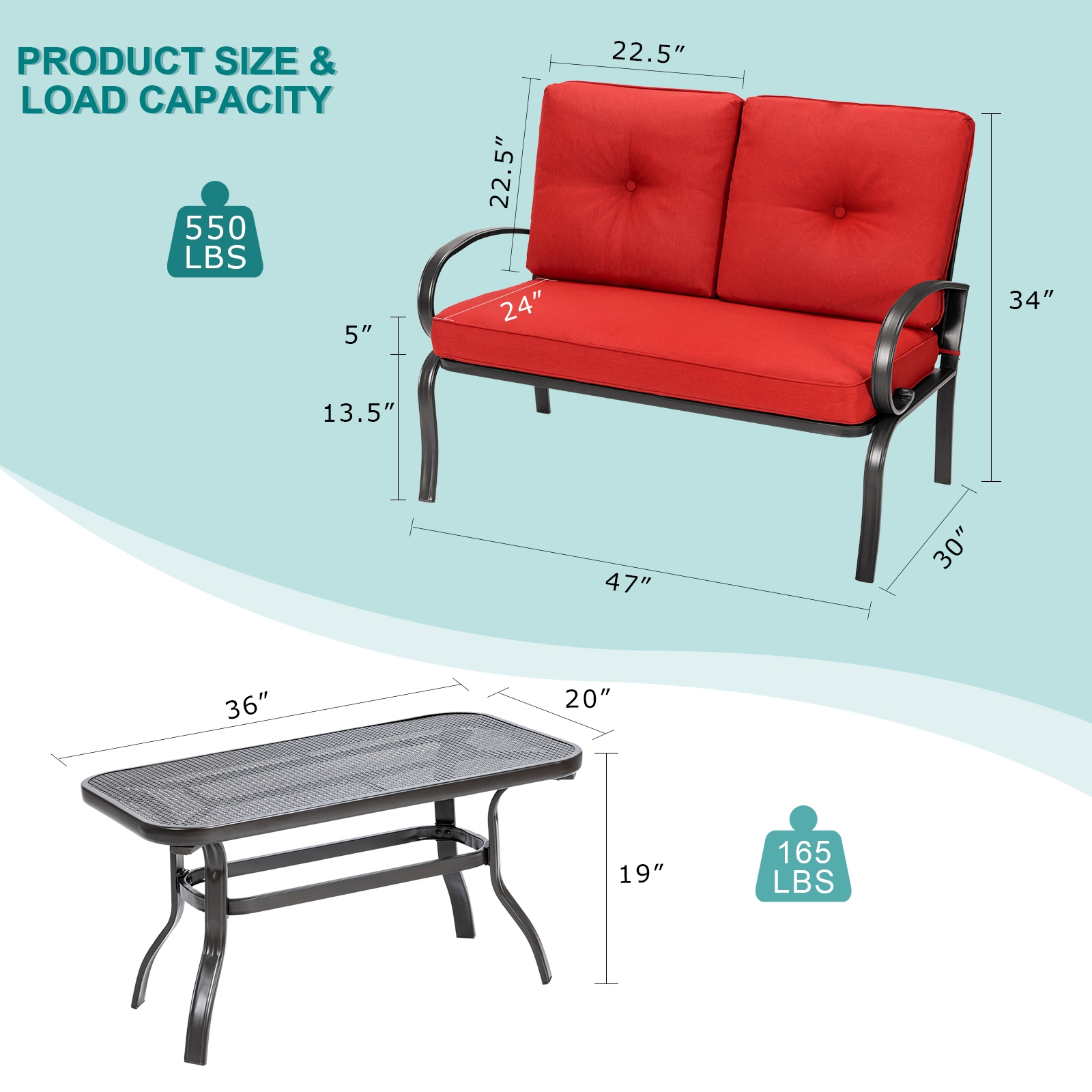 2 Pieces Patio Outdoor Cushioned Coffee Table Seat-Red - Image 3