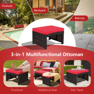 2 Pieces Patio Rattan Ottomans with Soft Cushion for Patio and Garden-Red