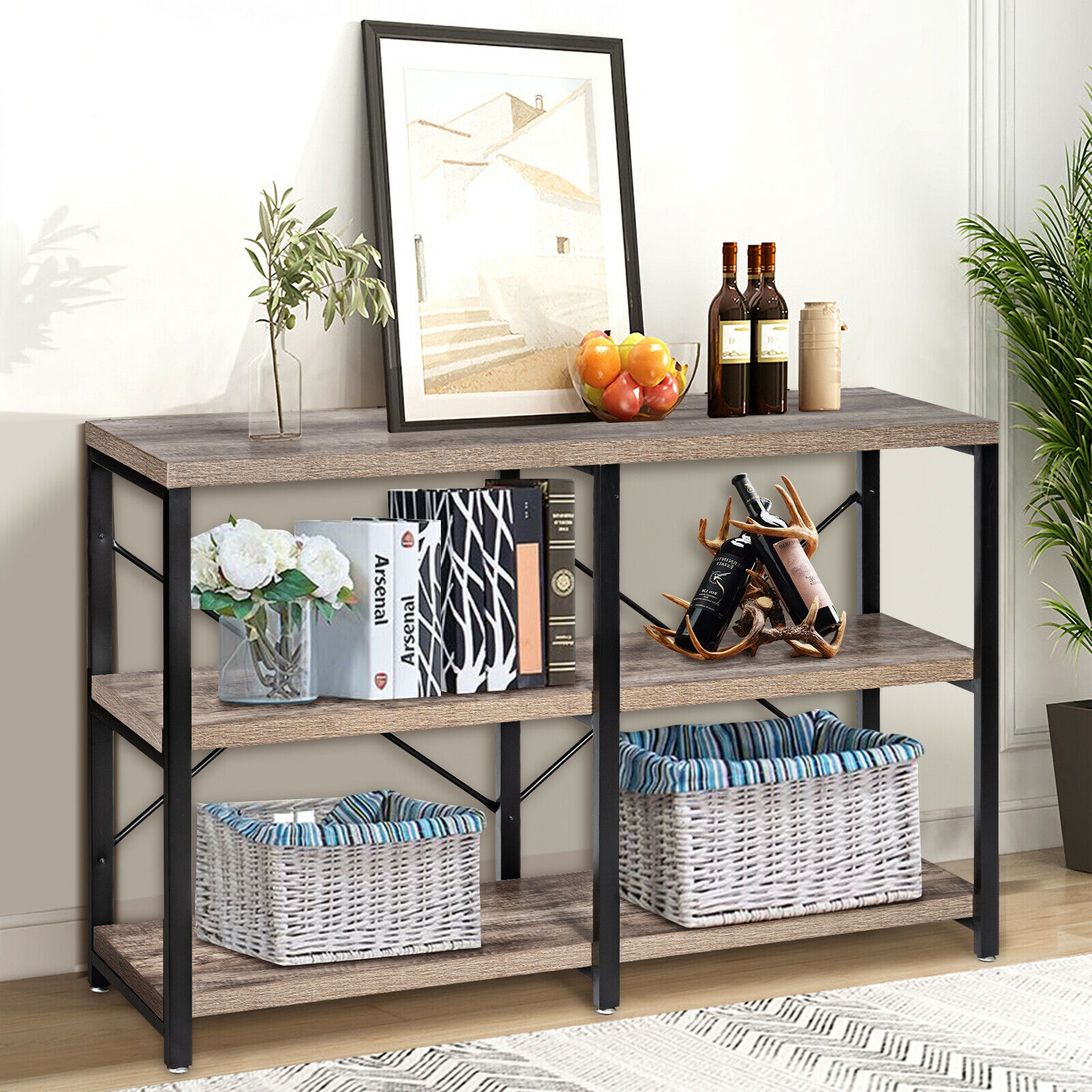 3 Tier 47 Inch Console Metal Frame Sofa Table-Natural - Image 7