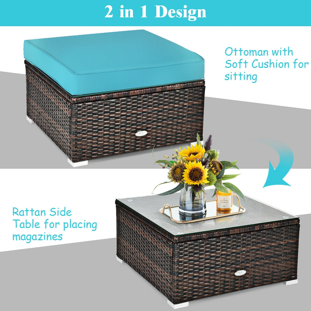 6 Pieces Patio Rattan Furniture Set with Sectional Cushion-Turquoise - Image 6