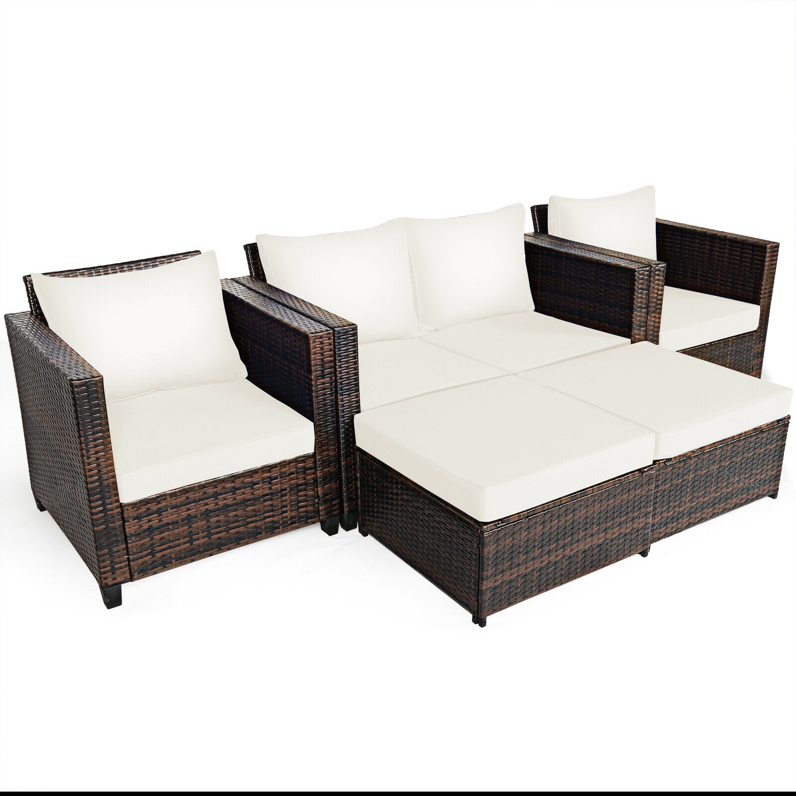 5 Pieces Patio Cushioned Rattan Furniture Set-White - Image 3