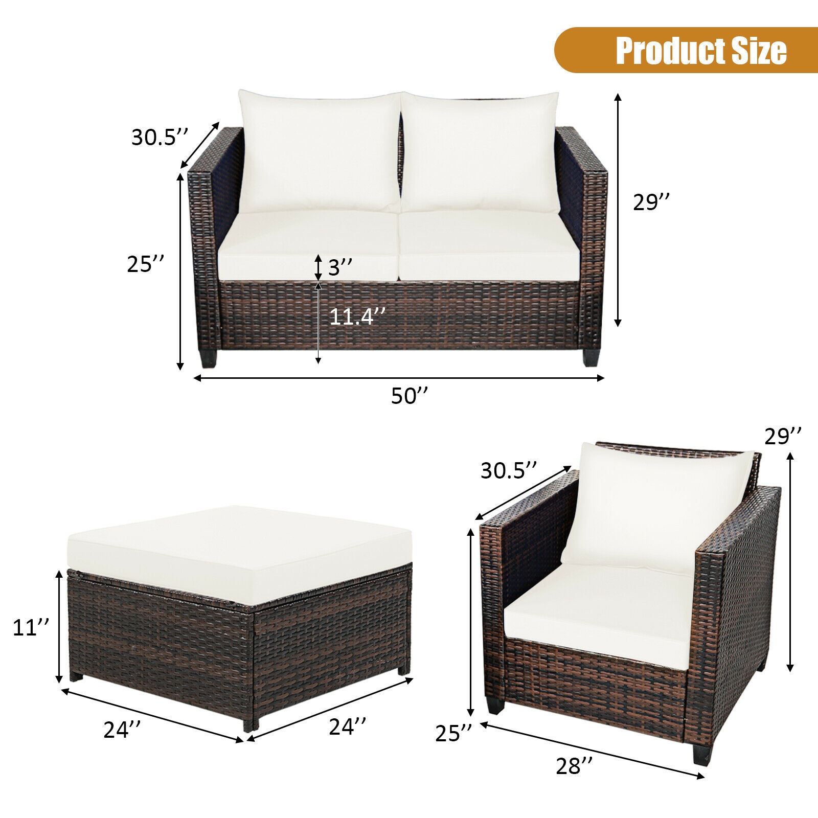 5 Pieces Patio Cushioned Rattan Furniture Set-White - Image 4