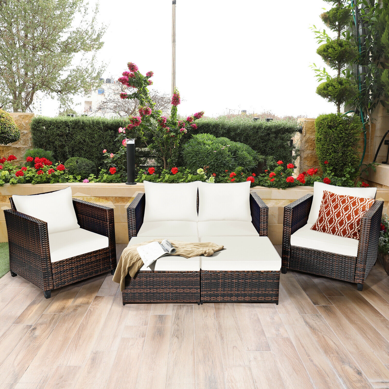 5 Pieces Patio Cushioned Rattan Furniture Set-White - Image 5