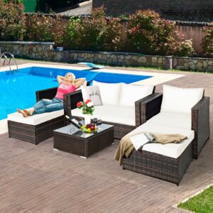 5 Pieces Patio Cushioned Rattan Furniture Set-White