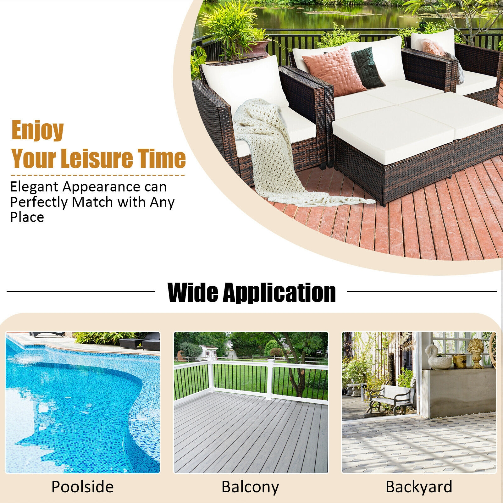 5 Pieces Patio Cushioned Rattan Furniture Set-White - Image 7
